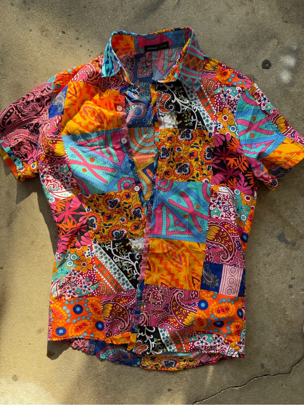 ROMWE Multicolor Patchwork Short-Sleeve Button-Down Shirt